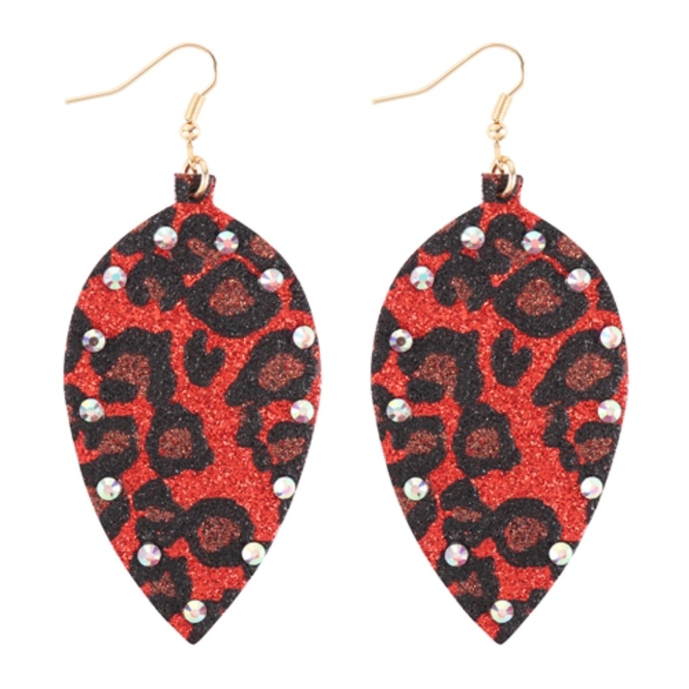 RED LEAF SHAPE LEATHER LEOPARD PRINT W/ RHINESTONE DROP EARRINGS